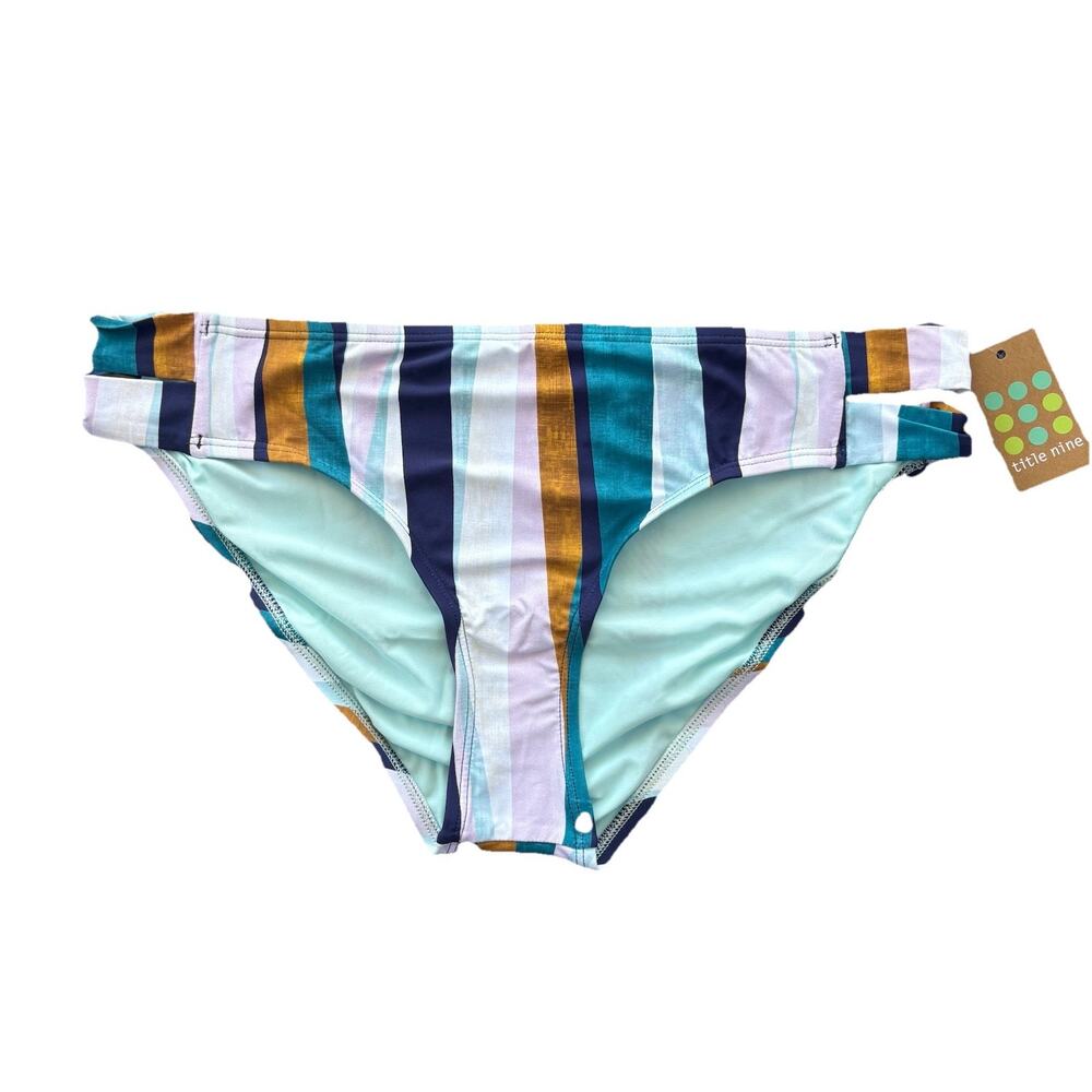 Title Nine Naiad Bikini Bottom Swimwear Striped UPF 50 Low Rise Size (L) NWT